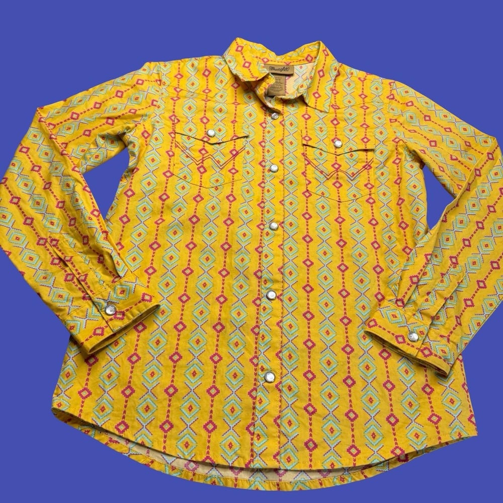 Wrangler Girls Pearl Snap Shirt Large Yellow Aztec Southwestern Western